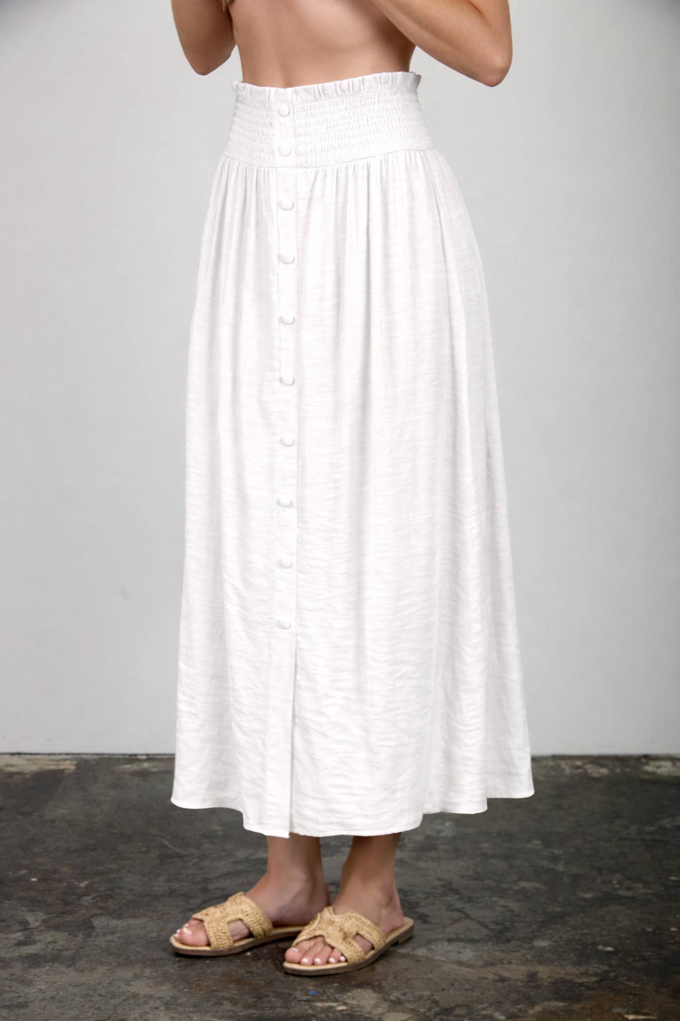Blu Pepper - SMOCKED WAIST RUFFLE DETAIL BUTTON DOWN MIDI SKIRT: NATURAL