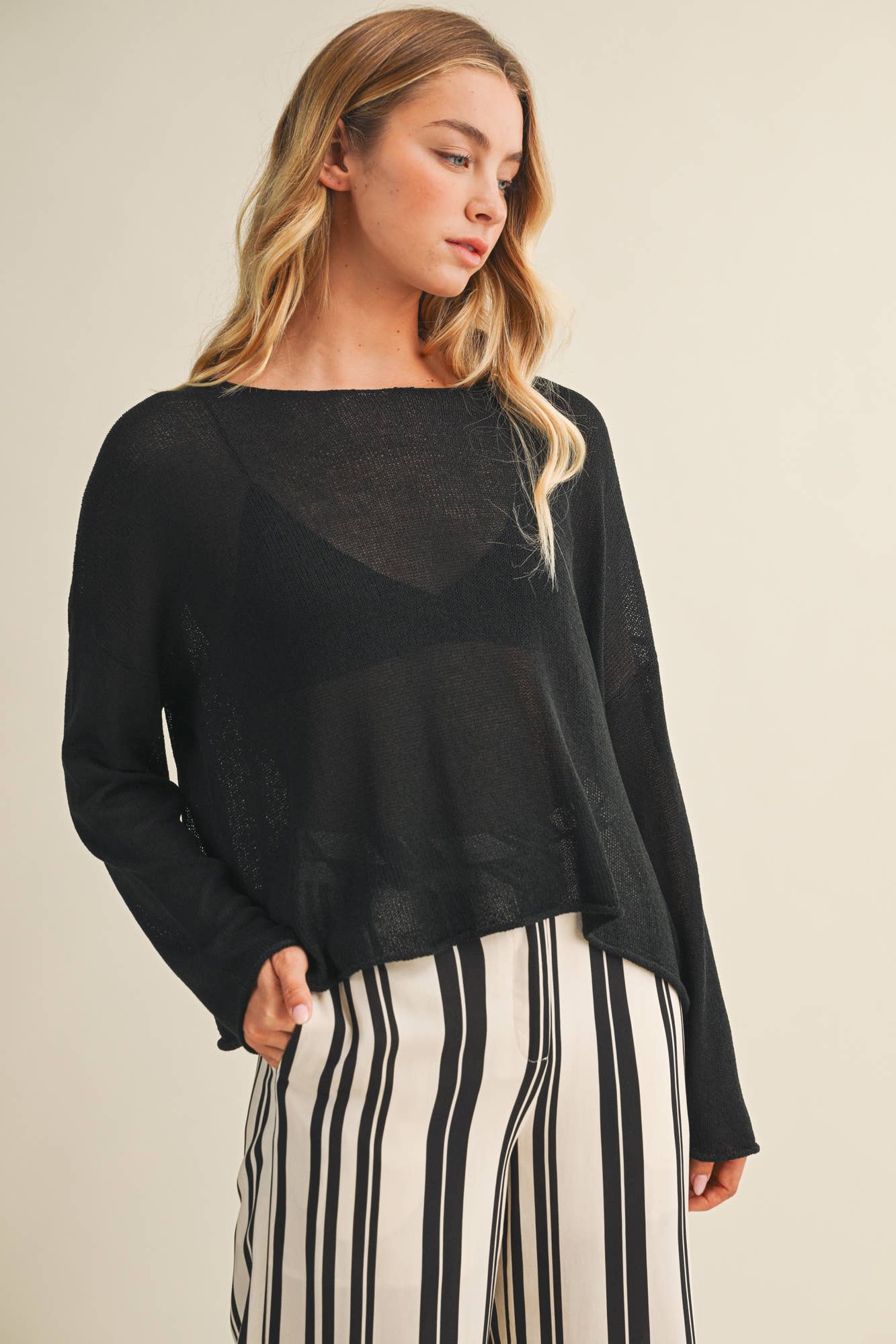 Mustard Seed - Sheer Knit Dropped Shoulder Pullover
: Black / L