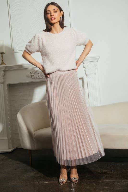 Blush Lurex Pleated Double Mesh Midi Skirt