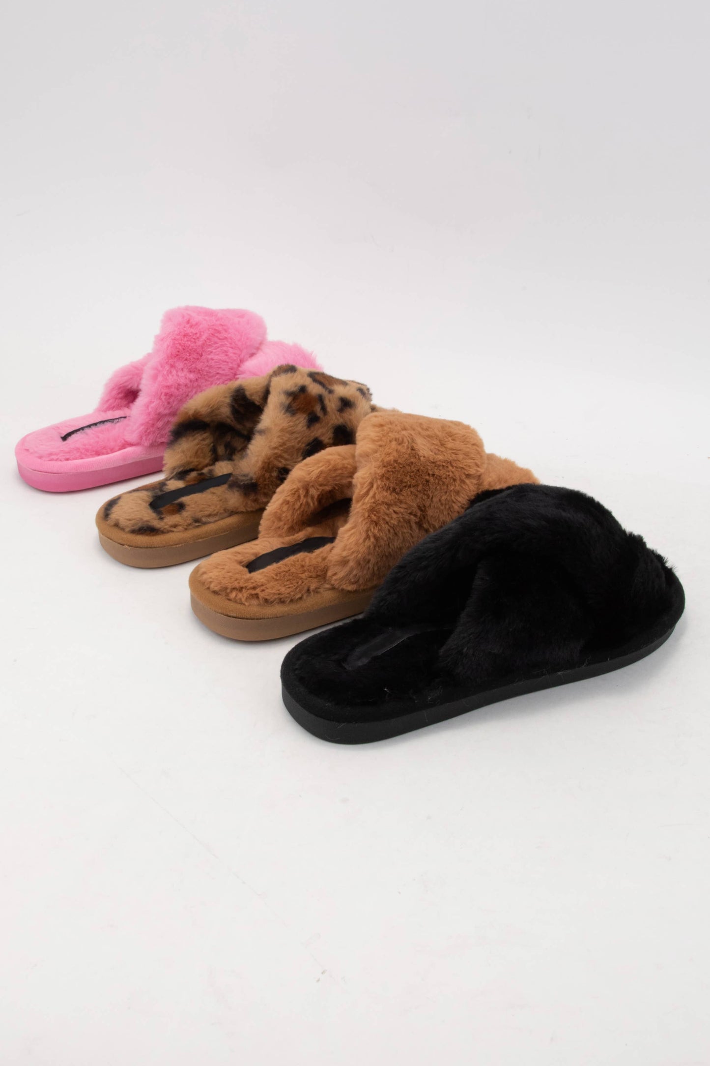 FLUFFY FUR CROSS UPPER COZY SLIPPERS