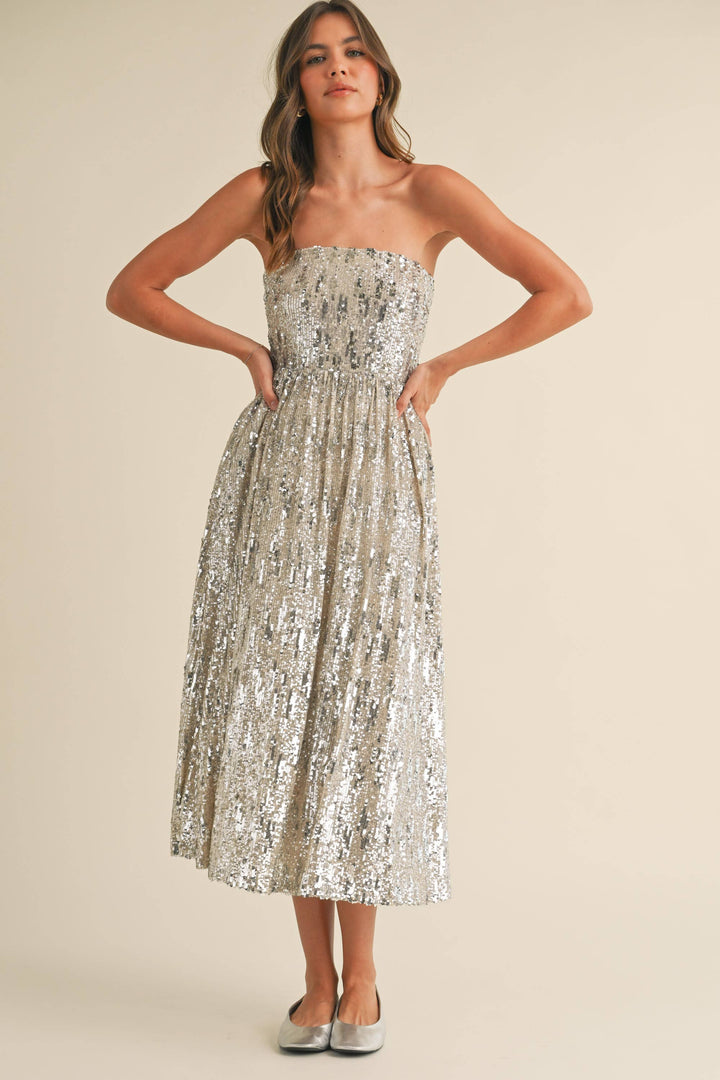 SEQUIN STRAPLESS FLARED MIDI DRESS