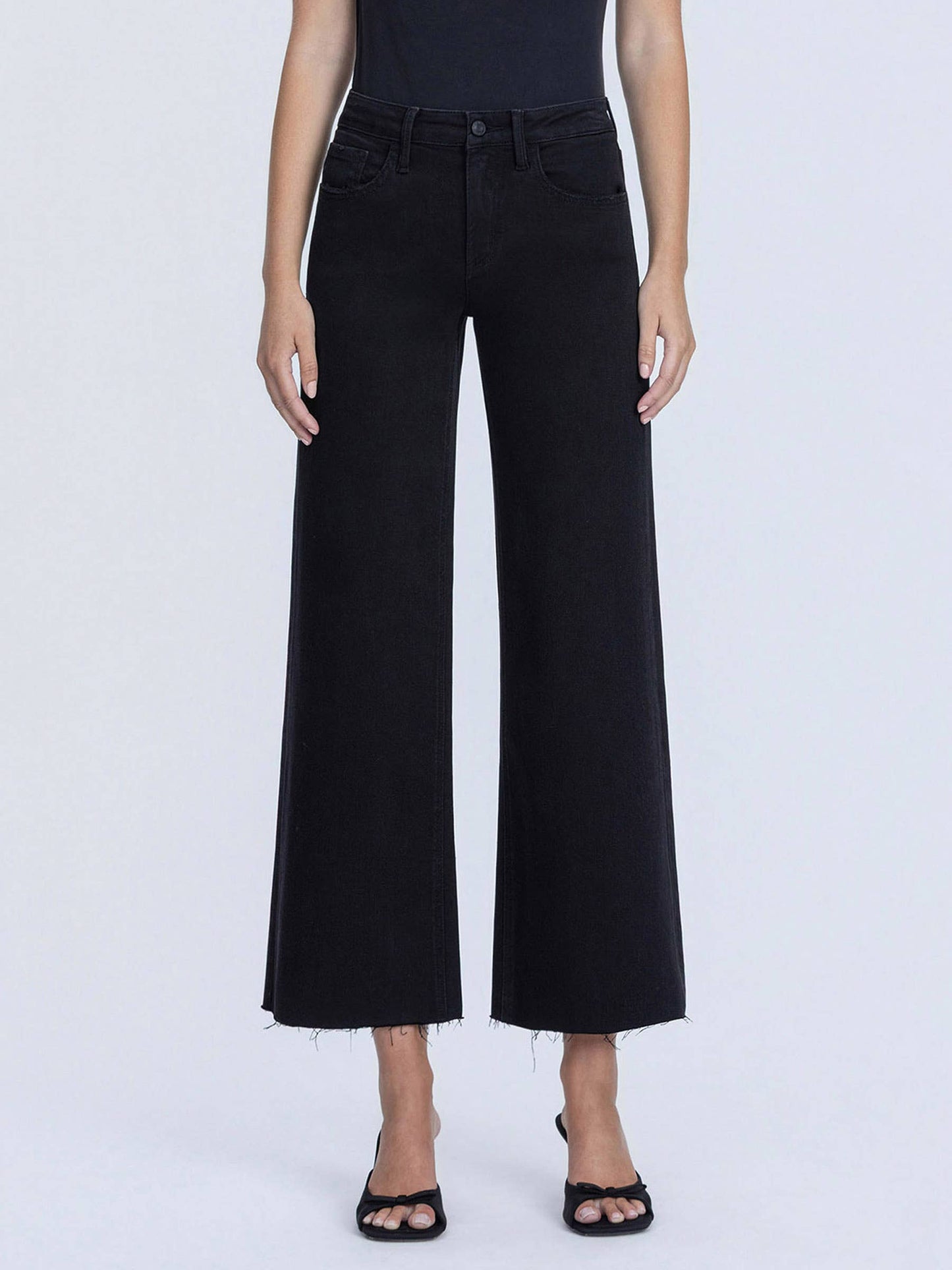 HIGH RISE RAW HEM CROP JET BLACK WIDE LEG JEANS