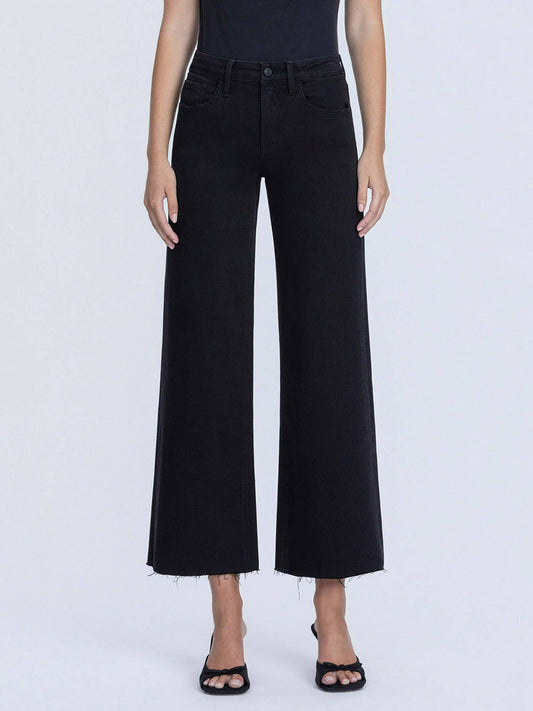 HIGH RISE RAW HEM CROP JET BLACK WIDE LEG JEANS