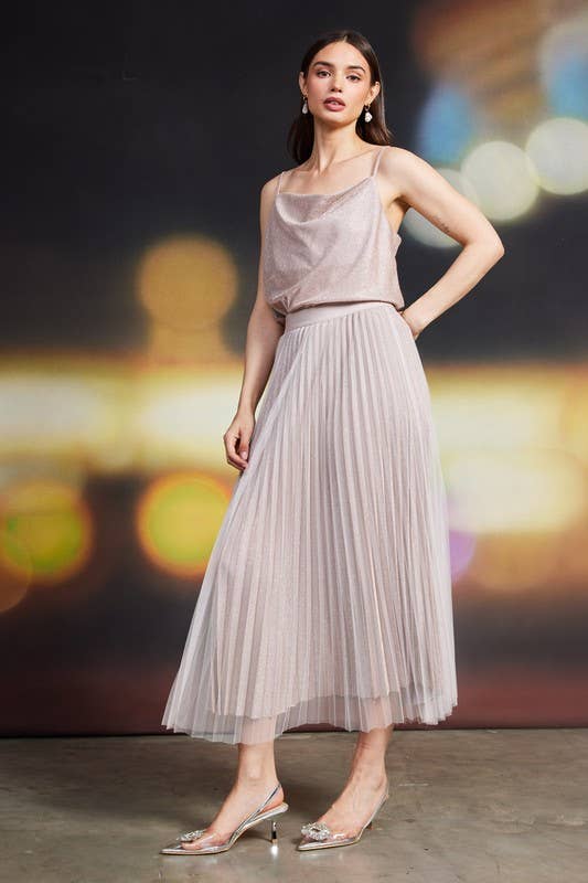 Blush Lurex Pleated Double Mesh Midi Skirt