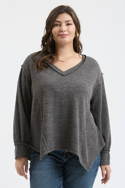 PLUS V NECK ASYMMETRICAL HEM LONG SLEEVE KNIT TOP