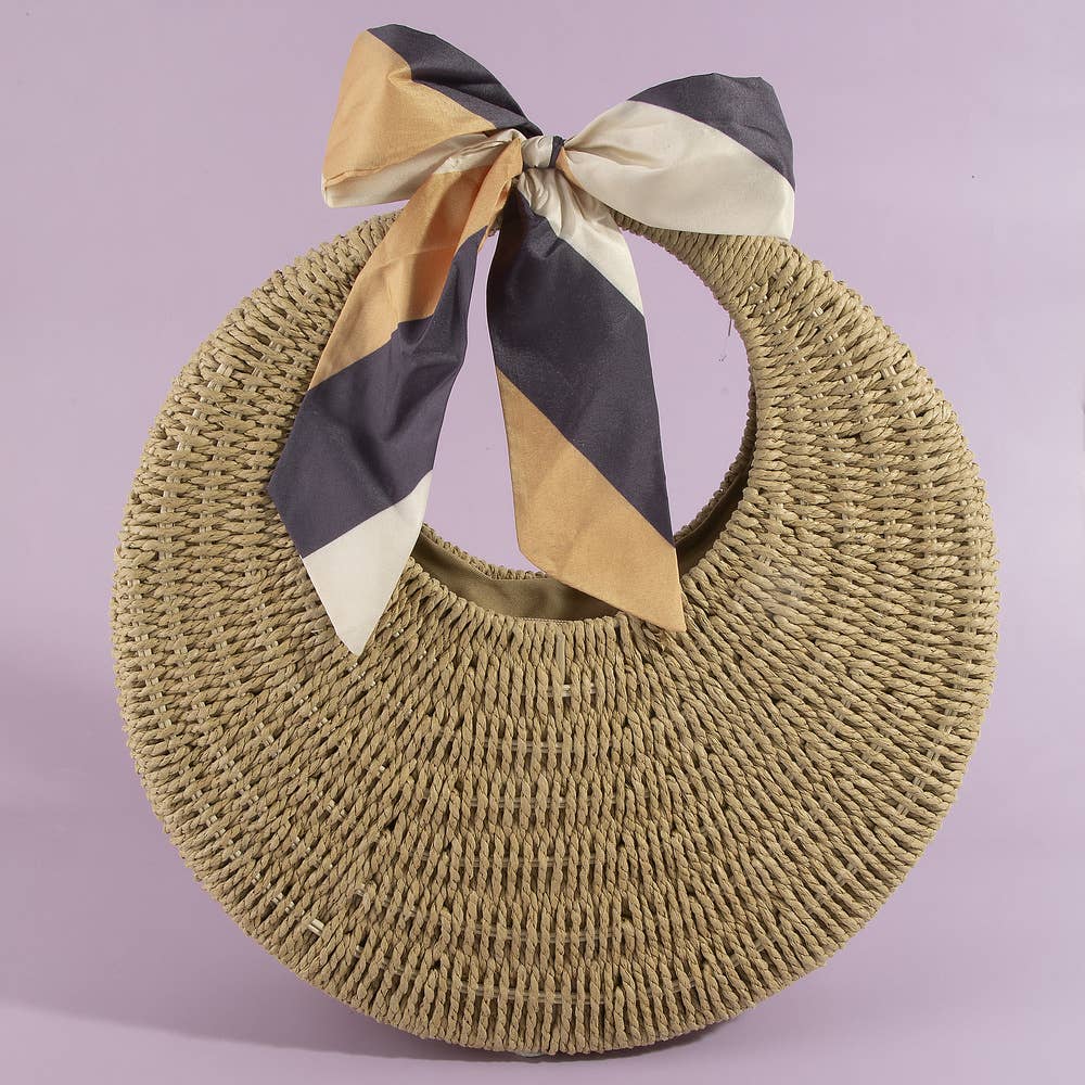 Round Woven Straw Bag With Bow Scarf Accent