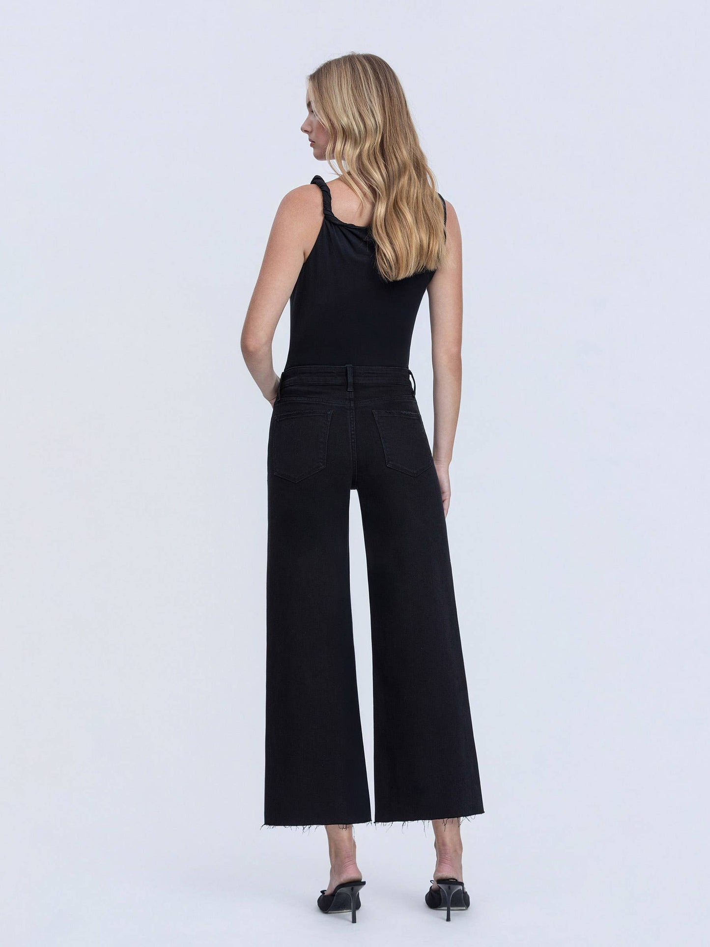 HIGH RISE RAW HEM CROP JET BLACK WIDE LEG JEANS