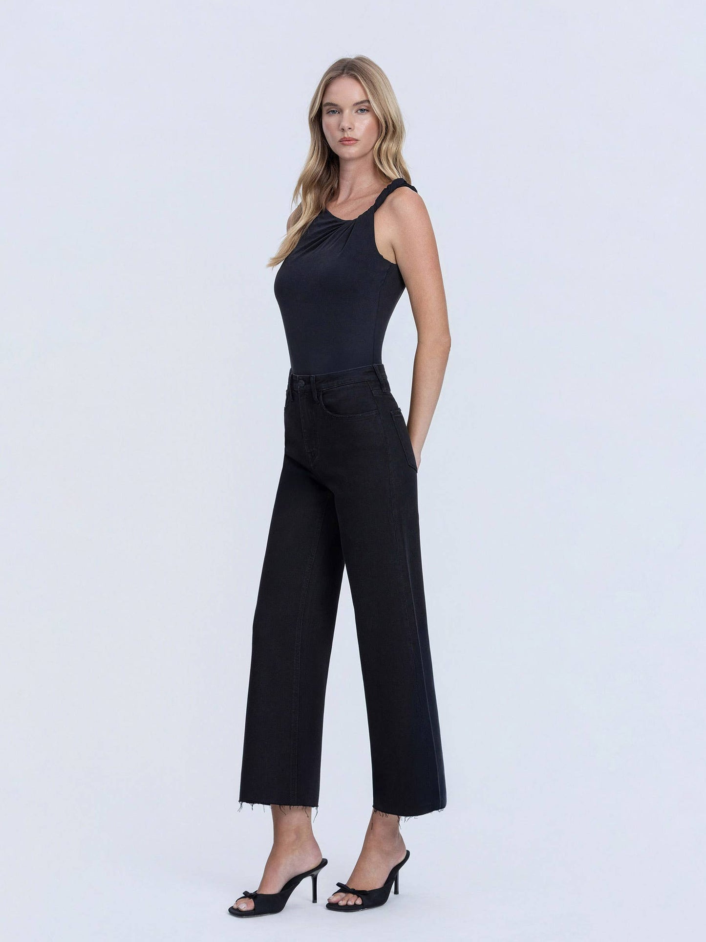 HIGH RISE RAW HEM CROP JET BLACK WIDE LEG JEANS