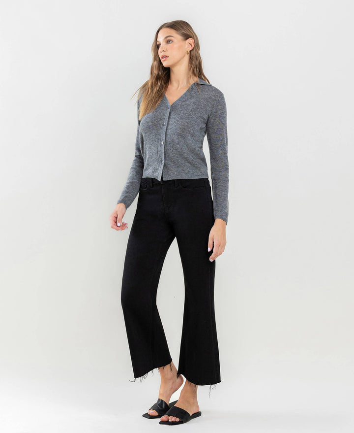 HIGH RISE RAW HEM CROP WIDE LEG JEANS