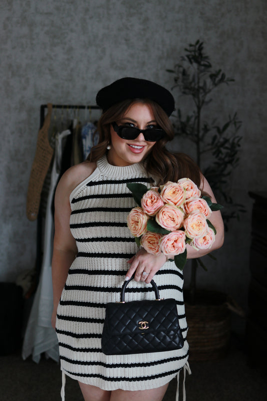 STRIPED SLEEVELESS RUCHING DETAIL KNIT DRESS