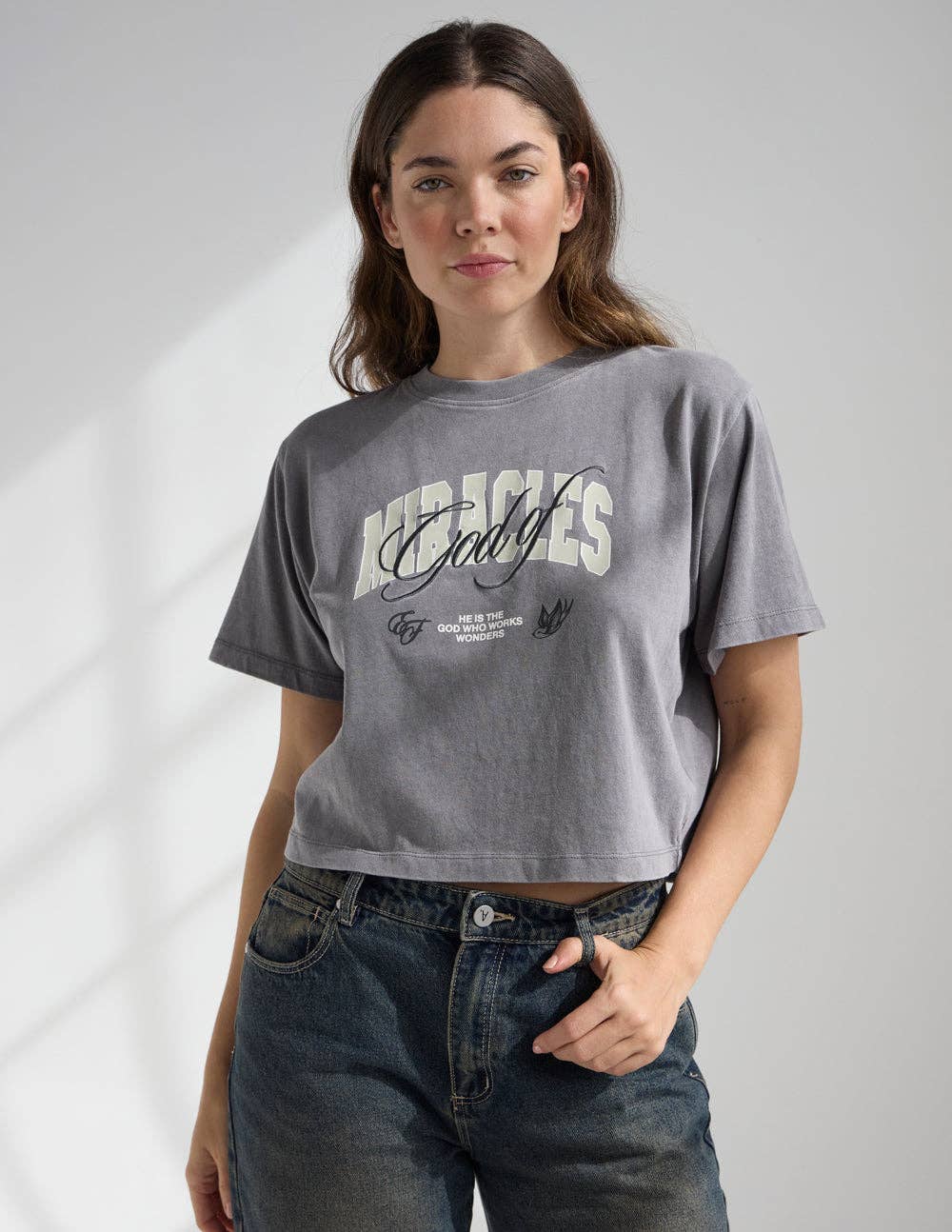 God of Miracles Cropped Tee — Grey Mist