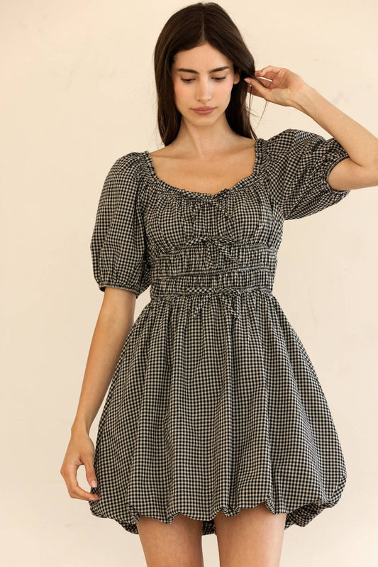 GINGHAM PUFF SLEEVE MINI DRESS