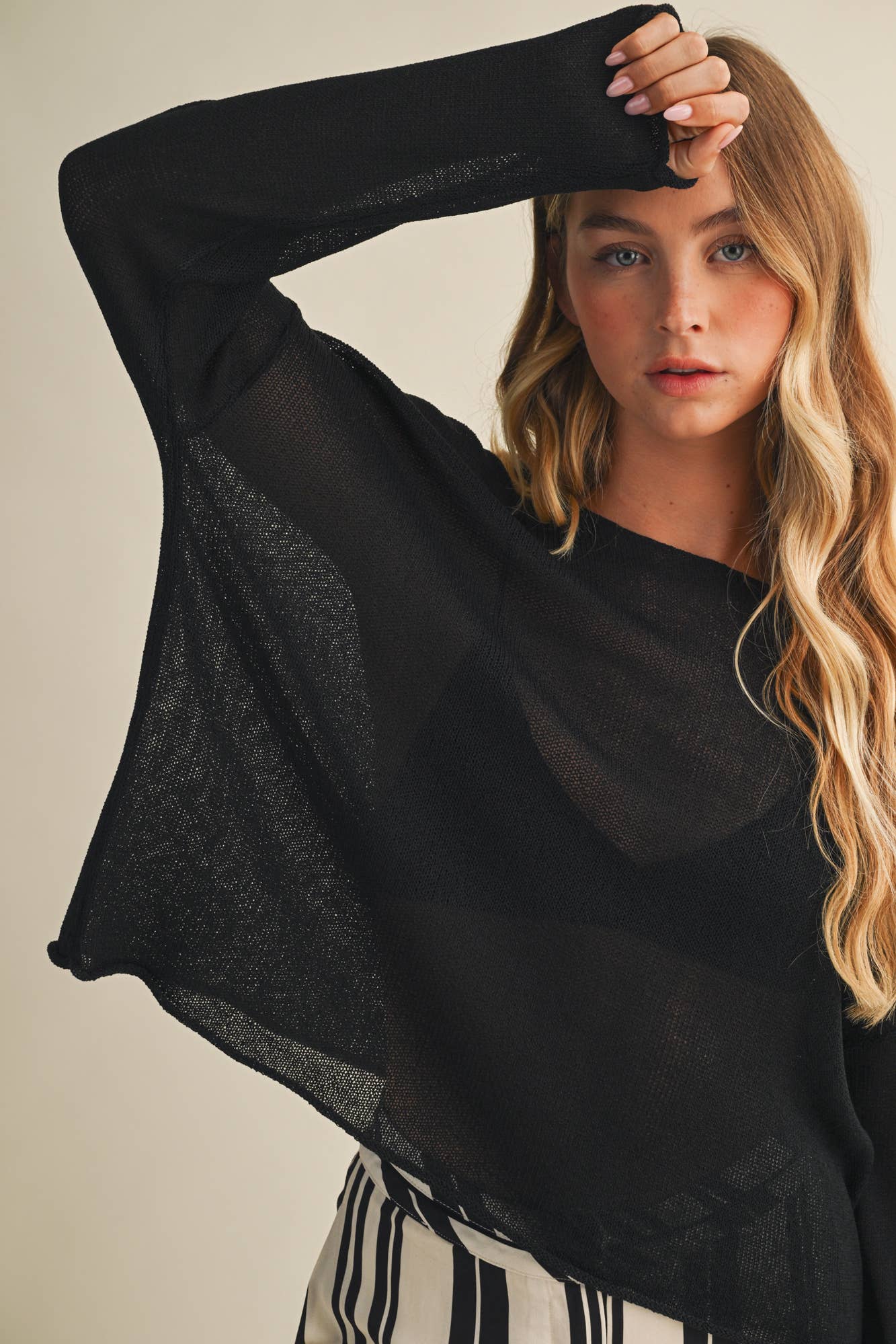 Mustard Seed - Sheer Knit Dropped Shoulder Pullover
: DK. TAUPE / L