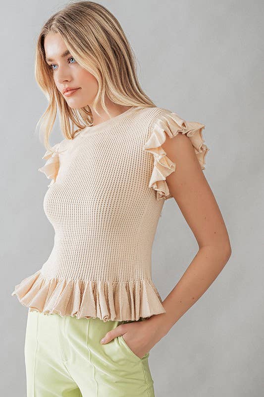 RUFFLED EDGES POINTELLE RIB KNIT TOP