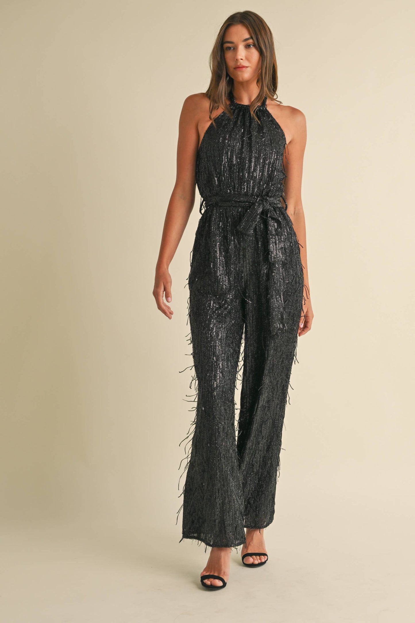 Feather Sequin Halter Jumpsuit