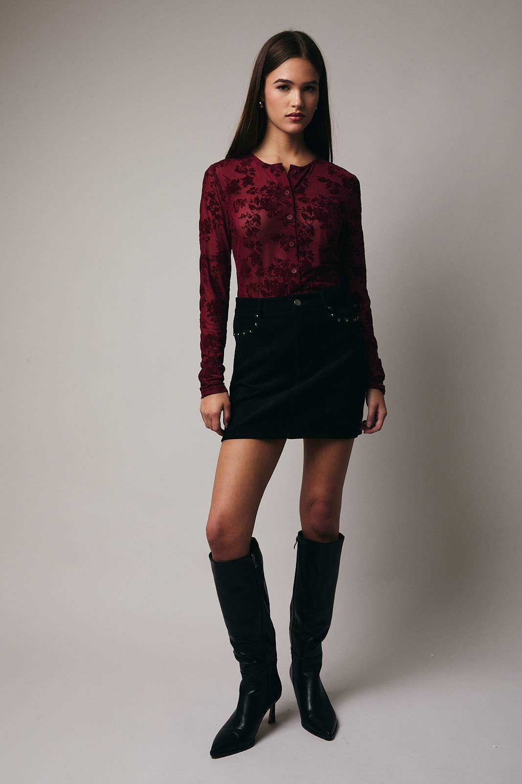 Round Neck Long Sleeve Velvet Button-Up Top