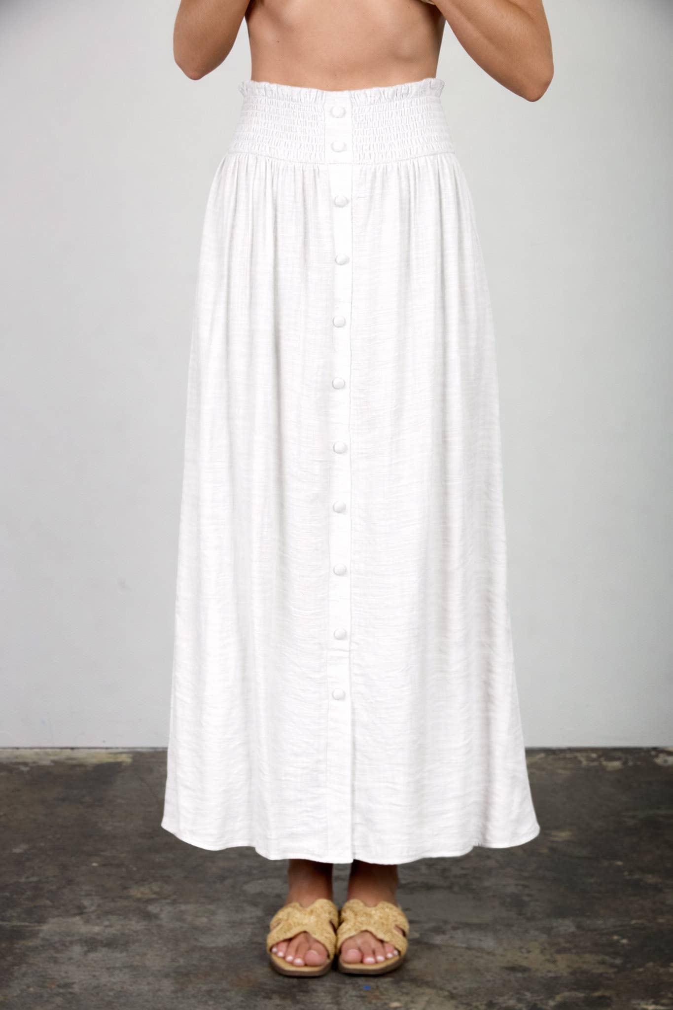 Blu Pepper - SMOCKED WAIST RUFFLE DETAIL BUTTON DOWN MIDI SKIRT: NATURAL