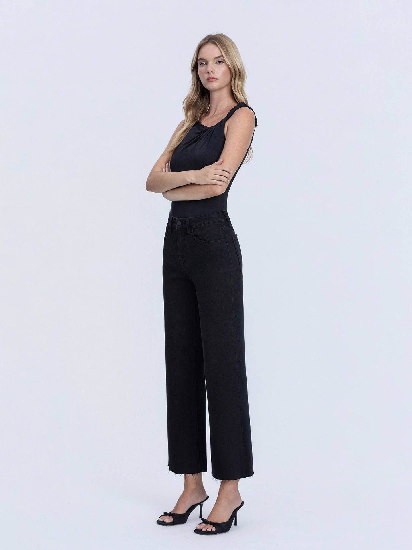 HIGH RISE RAW HEM CROP JET BLACK WIDE LEG JEANS