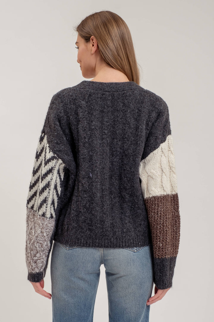 V NECK PATCHWORK CABLE KNIT CARDIGAN