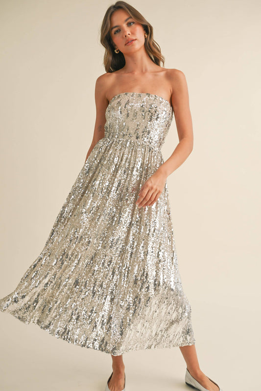 SEQUIN STRAPLESS FLARED MIDI DRESS