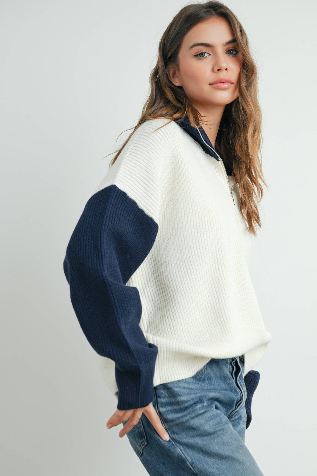 Color Block Collar Half Zipper Pullover Sweater