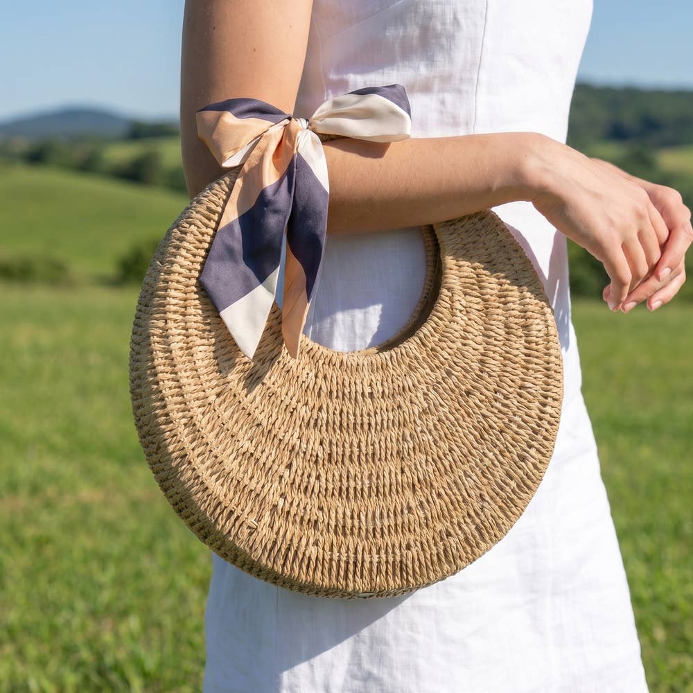Round Woven Straw Bag With Bow Scarf Accent