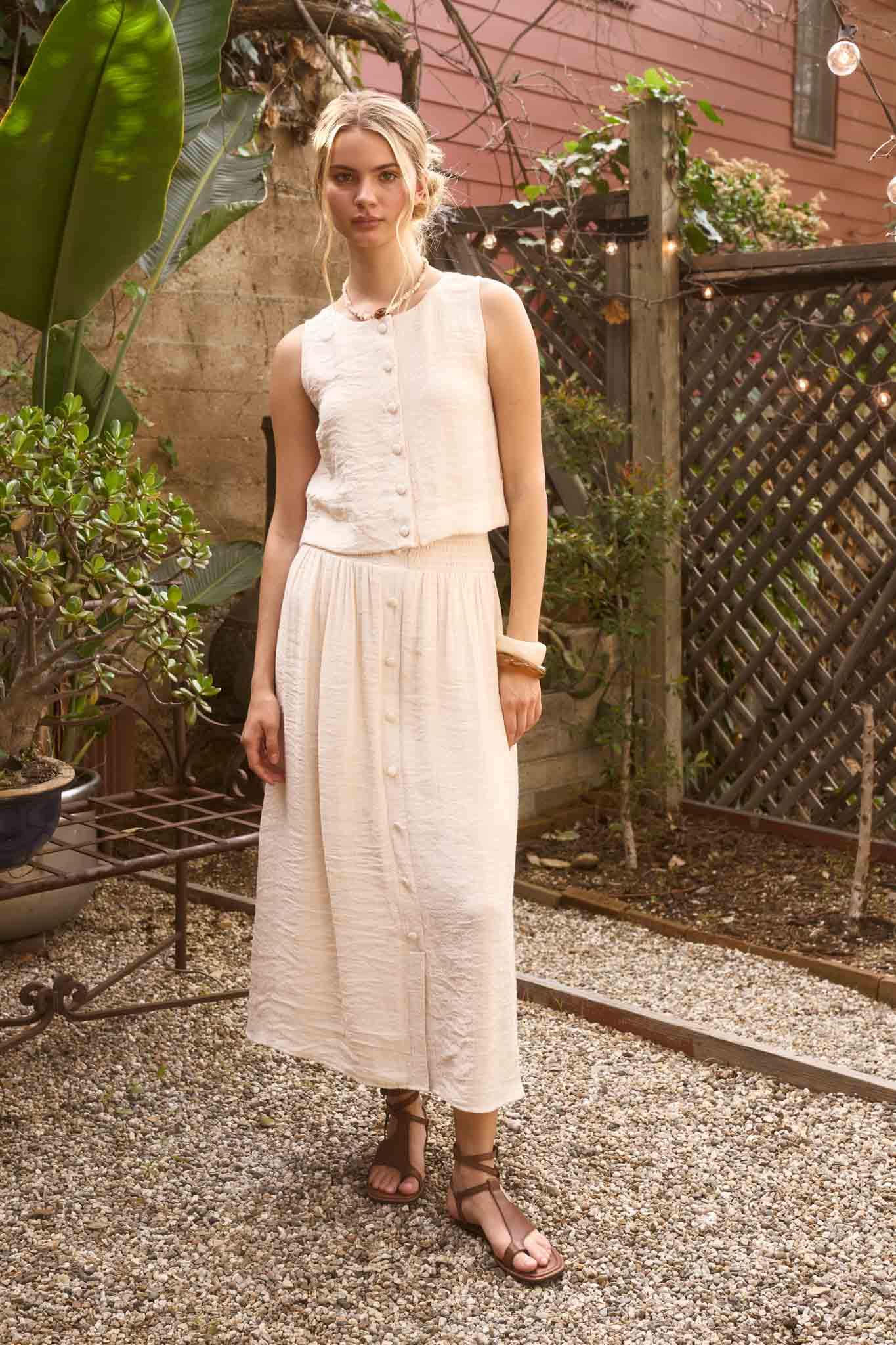 Blu Pepper - SMOCKED WAIST RUFFLE DETAIL BUTTON DOWN MIDI SKIRT: NATURAL