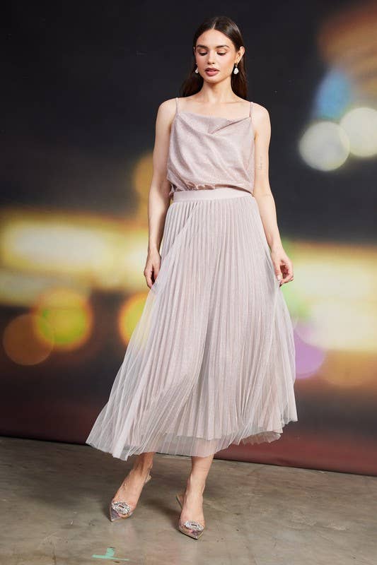 Blush Lurex Pleated Double Mesh Midi Skirt