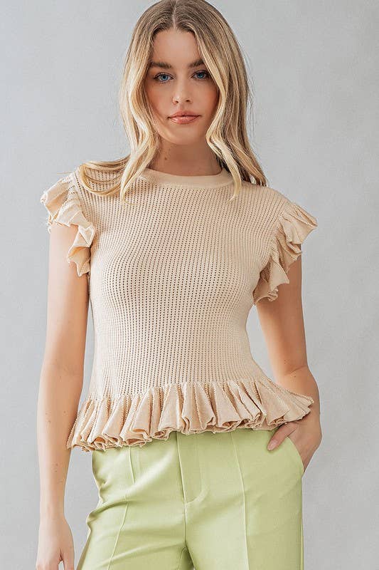 RUFFLED EDGES POINTELLE RIB KNIT TOP