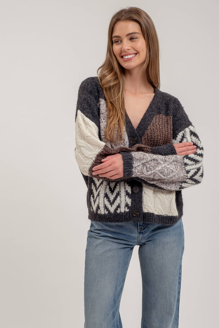 V NECK PATCHWORK CABLE KNIT CARDIGAN