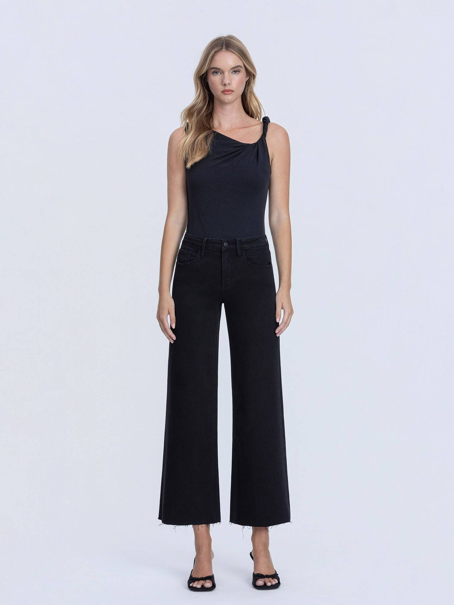 HIGH RISE RAW HEM CROP JET BLACK WIDE LEG JEANS