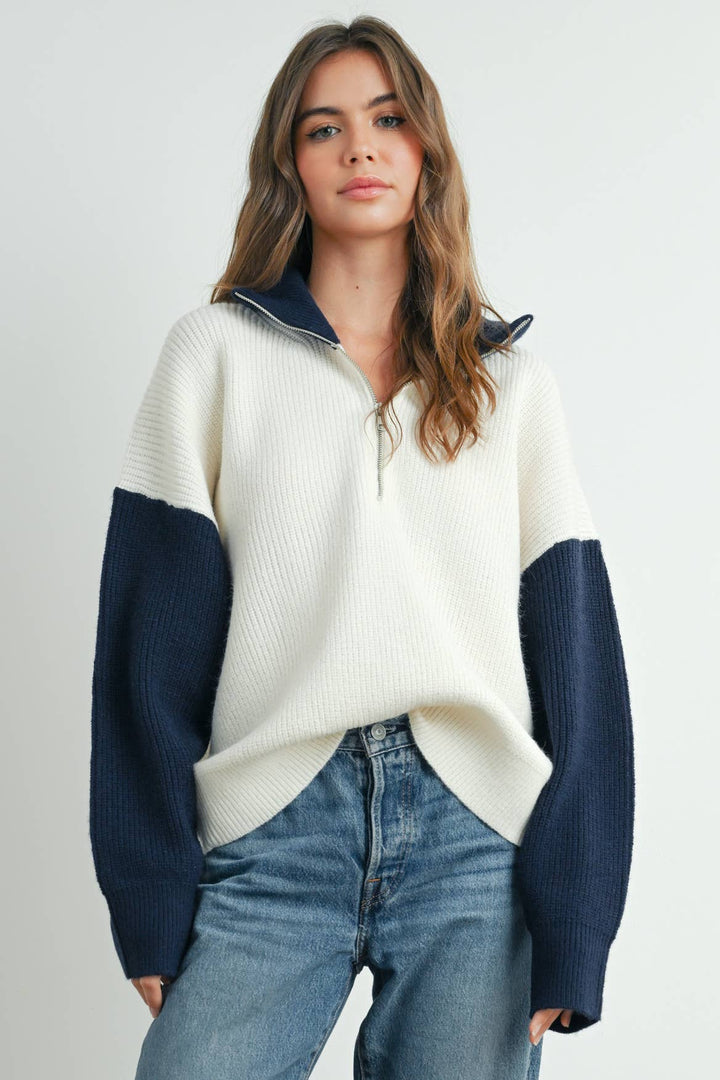 Color Block Collar Half Zipper Pullover Sweater