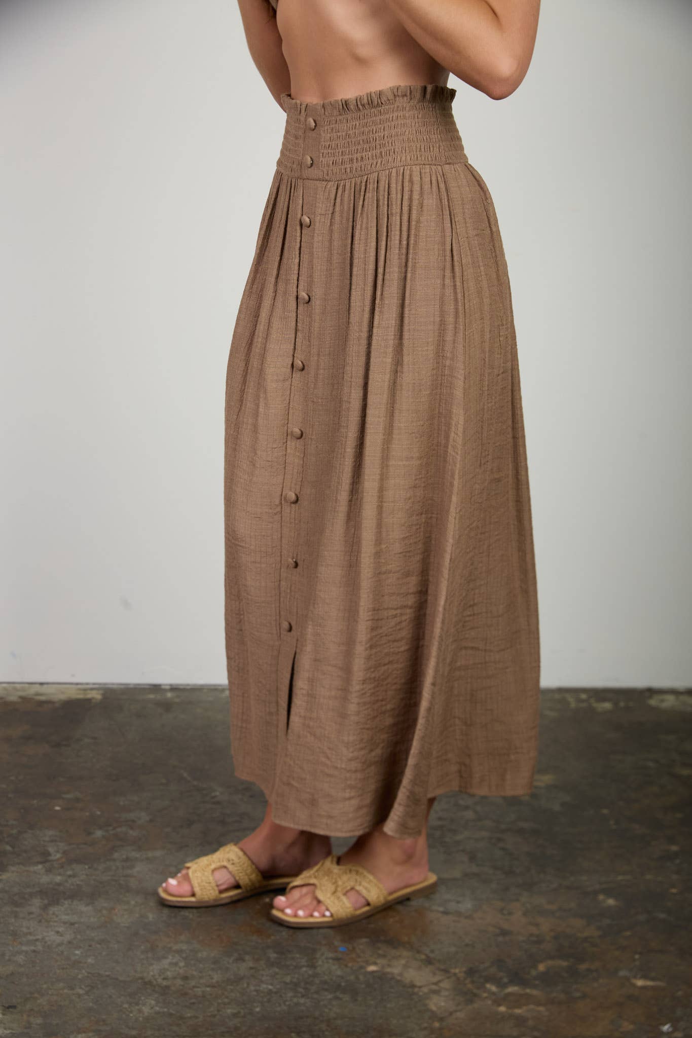 Blu Pepper - SMOCKED WAIST RUFFLE DETAIL BUTTON DOWN MIDI SKIRT: NATURAL