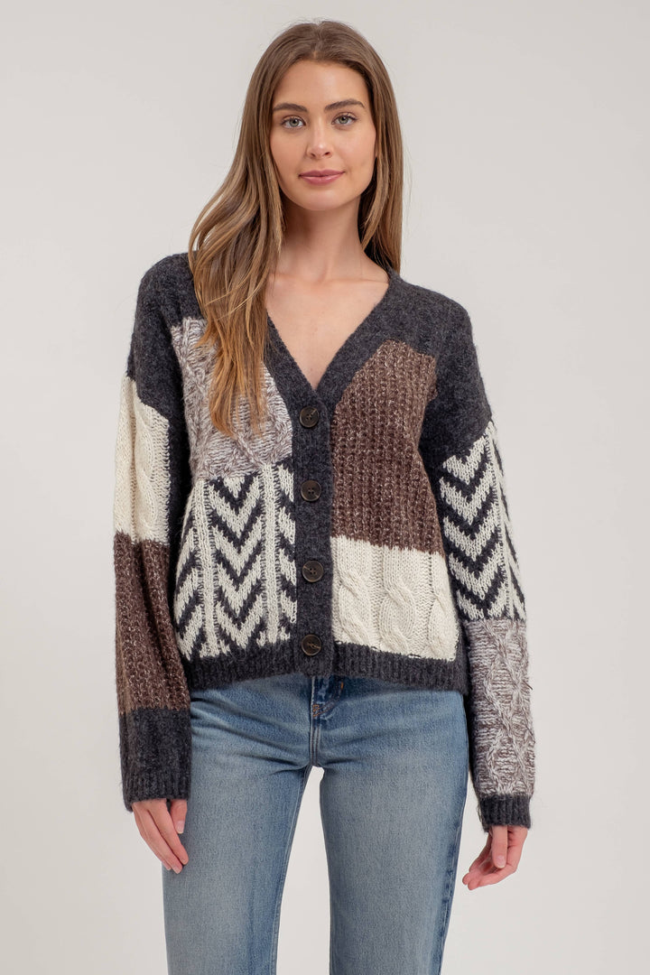 V NECK PATCHWORK CABLE KNIT CARDIGAN