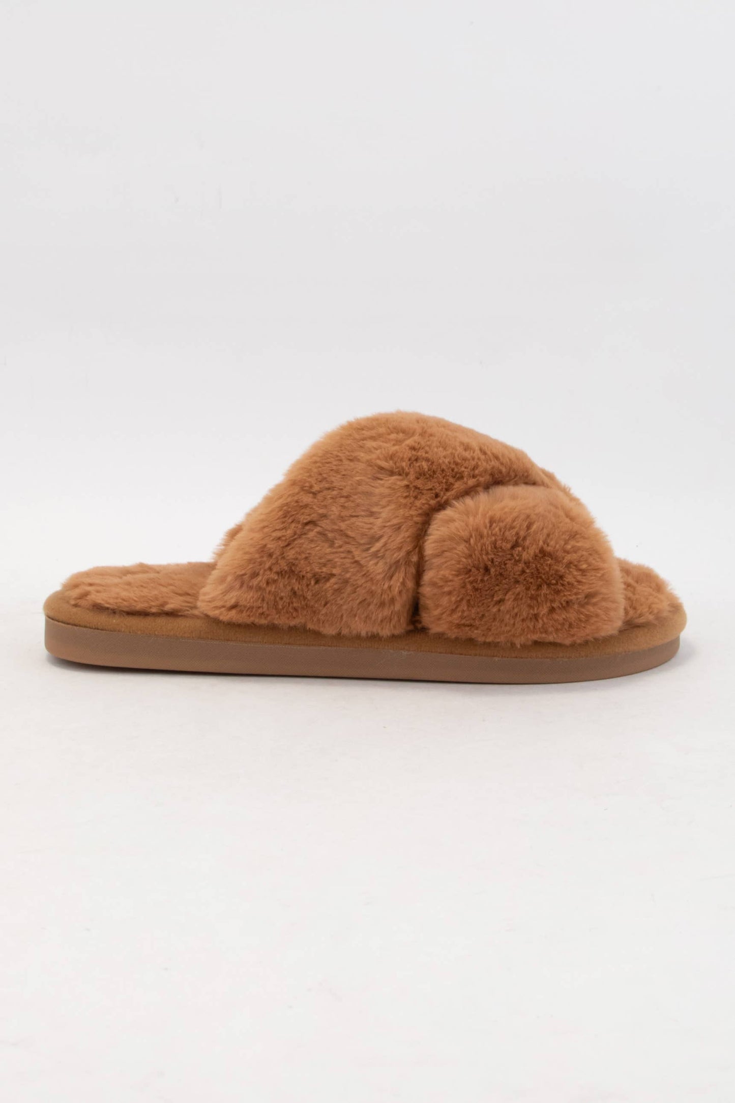 FLUFFY FUR CROSS UPPER COZY SLIPPERS