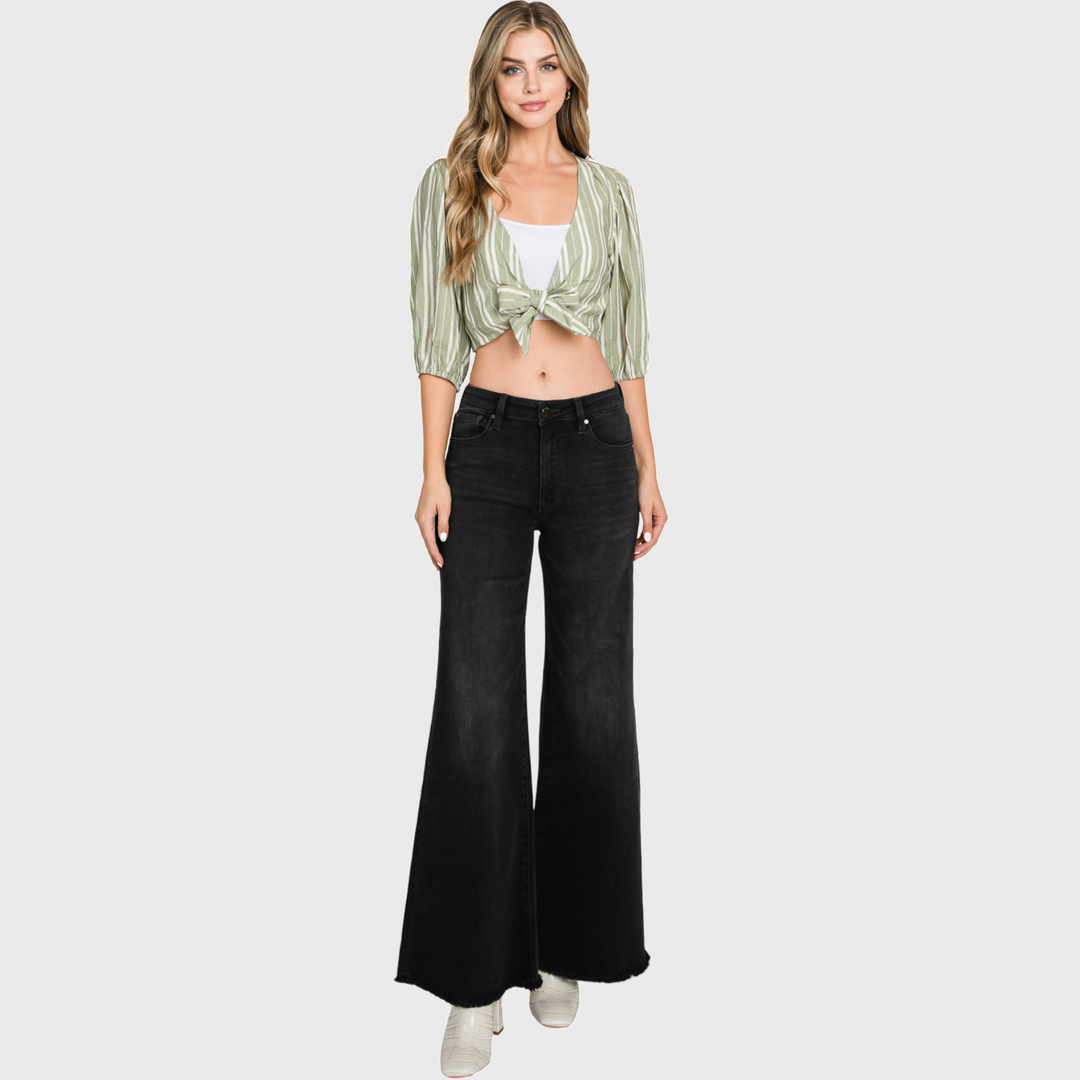 HIGH RISE BLACK WASHED WIDE LEG FLARE JEANS